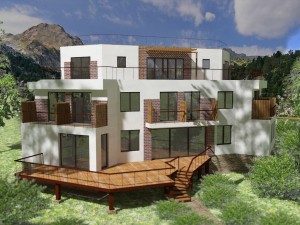 External view, Сhemal project - a mini-hotel project with a flat exploited roof, panoramic windows and terraces